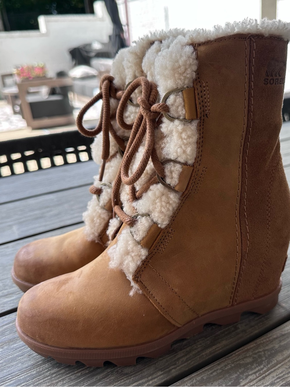 Sorel Brown Lace-Up Faux Shearling Wedge Winter Boots